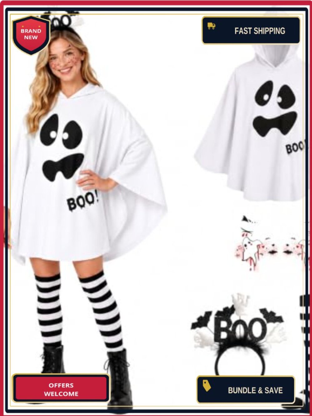 Ghost Costume Set Women Adult Halloween Cloak Socks Headband Party